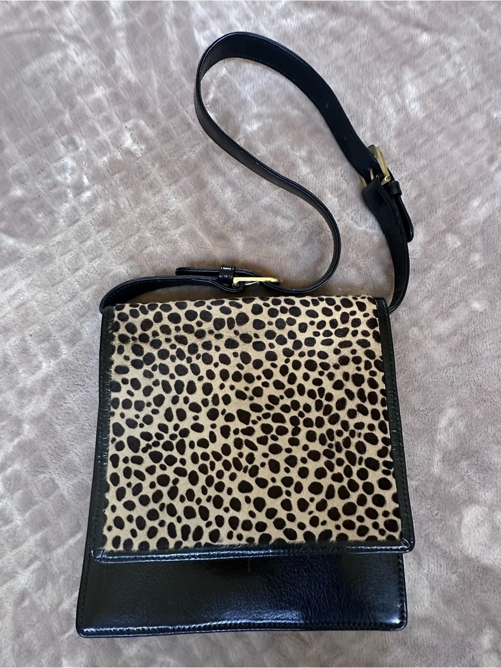 Tusk. Black Leather Crossbody Bag with Leopard Print Flap
